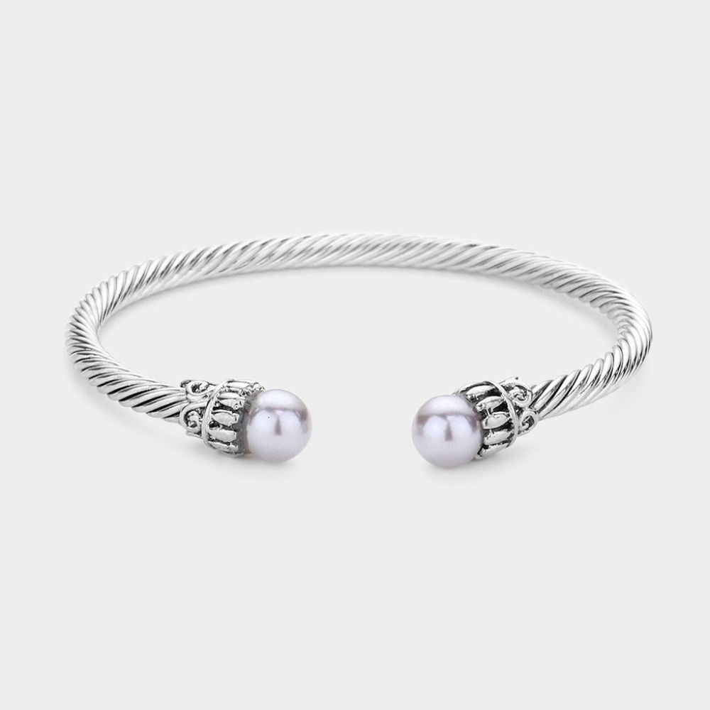 Gray Pearl Tip Twisted Cable Rope Style Cuff Bracelet Bangle Metal Accessory